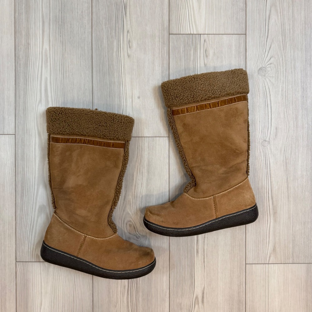 Lands End Womens Tan Suede Faux Shearling Lined Tall Winter Boots Size 8B 176999